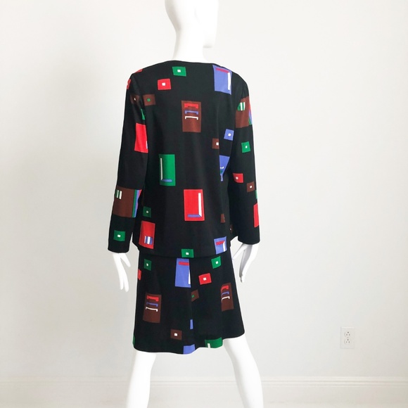 True Vintage Arpeja Mod Print Dress & Jacket Set 2pc Black Red 70s Size 12 - Picture 3 of 8